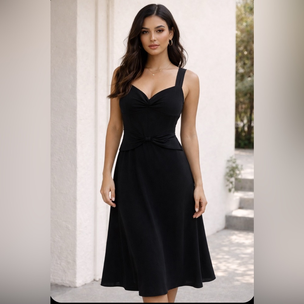 Bisou Bisou Black Sleeveless V-Neck Double Knot Midi Sundress Size 14